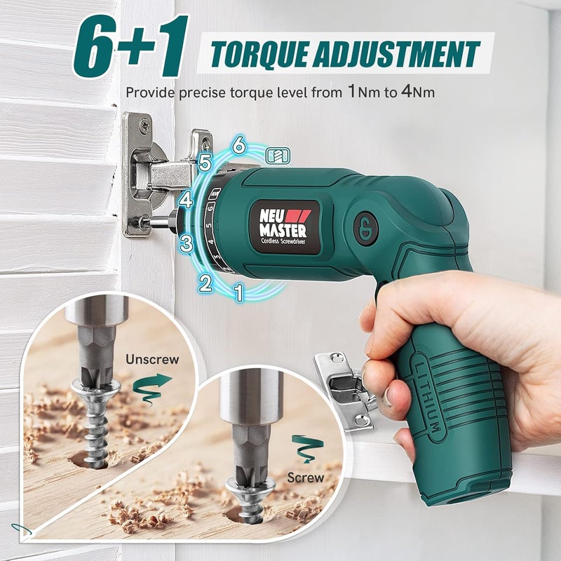 NEU MASTER Cordless Screwdriver, 4V Electric Screwdriver Rechargeable Power Screwdriver With Pivoting Handle, Front And Rear LED light, 32pcs Bits, 6+1 Torque Setting, 2000 mAh Battery Screwdriver - Image 4
